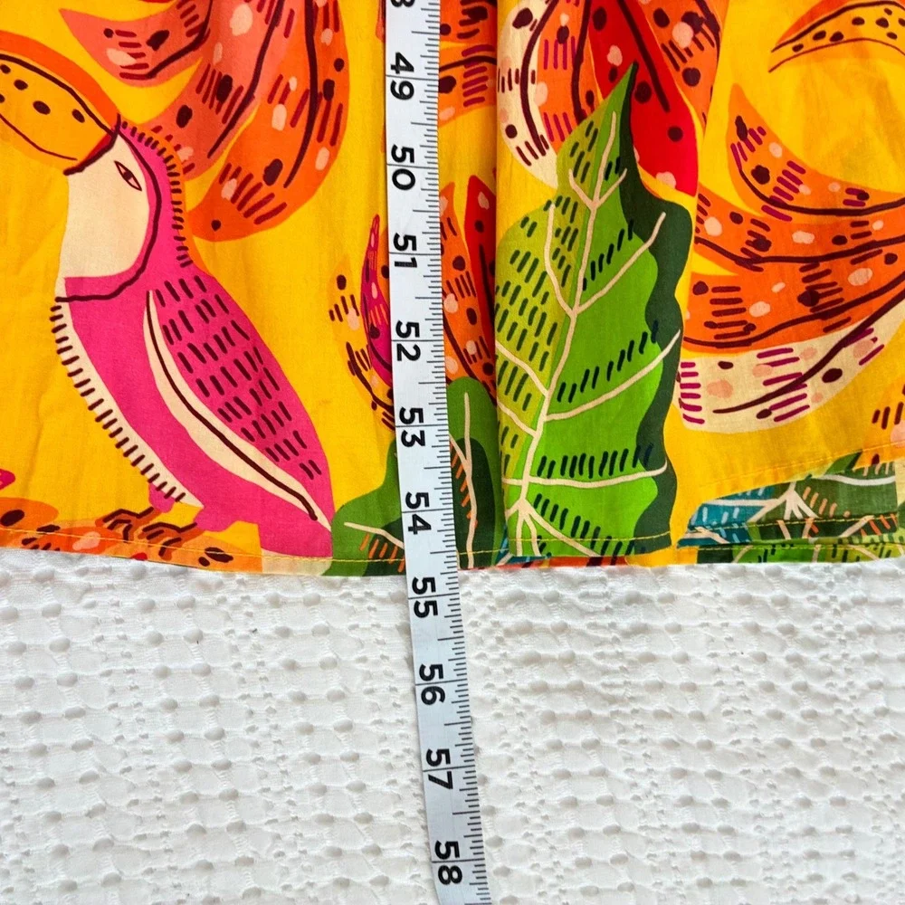 Farm Rio Yellow Tropical Toucan Banana Print Tiered Tie Back Maxi Dress Cotton